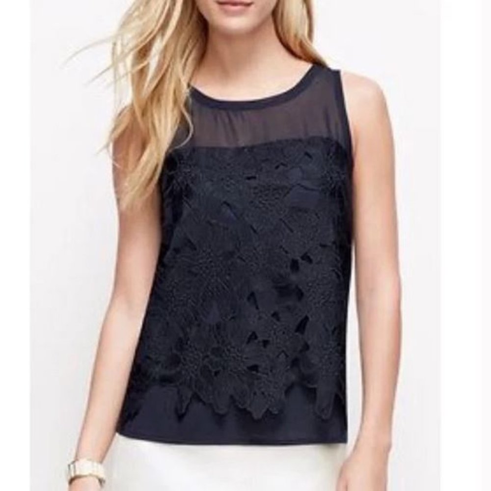 Ann Taylor sleeveless top with embroidered lace and sheer neckline, MP